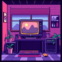 8 bit pixelart of retro pc, synthwave, indoor