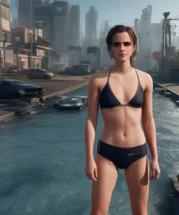 Emma Watson, full-length, in a swimsuit, cyberpunk 2077, photorealistic illustration, 8k