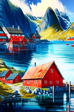 realistic painting of a village in Norway. Lofoten island. Red wooden houses. Water, lake, mountains, blue sky, art, brush strokes, pencil, colored pencil, graphite