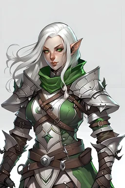 Cute female changeling D&D rogue assassin with long white hair and green eyes wearing leather armor