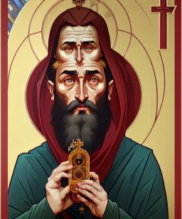 orthodox old icon with saint, patron of photographers. he is holding a camera in one hand and 35mm film in the other. Cyrillic inscriptions are the names of photographic brands. hyperdetailed, Alphonse Mucha, Zdzisław Beksiński, poster, illustration, ink, oil on canvas, 18th century atlas