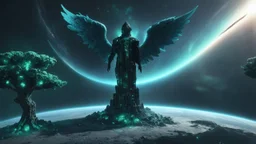 few tiberium monolith deposits on the planet with a space trees on the left and right side, matrix codes and the back ground of the angels with wings siting monolith made of tiberium crystals