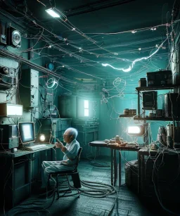 Ultra realistic photographic night portrait, cinematic, <Asian woman><big cyber eye>::<Asian doctor old man><hanging wires> <retro computer> <cyberpunk> <many wires><perfect pupil> <cyborg arm> <garage> <wide angle Shot> <sci-fi futuristic> <thriller>, color fog, soft color, highly detailed, unreal engine 5, ray tracing, RTX, lumen lighting, ultra detail, volumetric lighting, high definition.