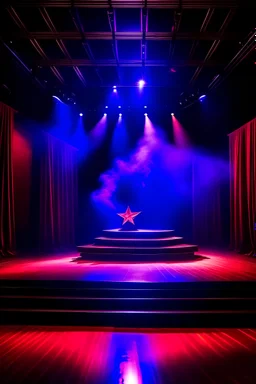 a five-pointed star on theater stage with violet and red studio down lighting and stage smoke