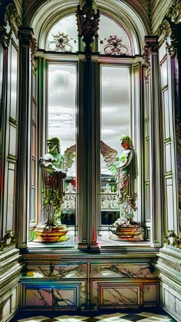 A beautiful image of the windows of the luxurious palace hall with two winged angel statues