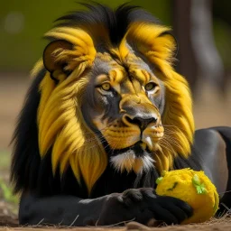 a black and yellow lion eating a rubbit