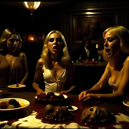 Horror movie shot, spooky, hot, ultra realistic hot dine, ultra realistic hot blonde women, chaos, party, pieces of meat, organs, ail, dynamic, very excited people, hypermaximalist figures, light, 1970's Italian horror movie, sinister,, Dario Argento, Stanley Kubrik, ornate, 4k, photorealism, hypnotic, obsessive