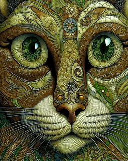 Detailed Surreal Portrait of Oriental blue and white tabby cat, with a triangular slender white face, large ears and green eyes by Gustav Klimt muted natural colors.