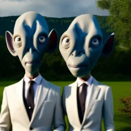 Portrait of two grey aliens wearing tuxedos with an idyllic countryside manor background, realistic 4k