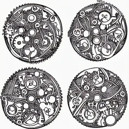 coaster featuring cogs and gears, fine pen illustration, highly intricate on parchment paper