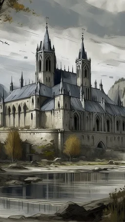 A gray monastery made out if steel painted by Claude Monet