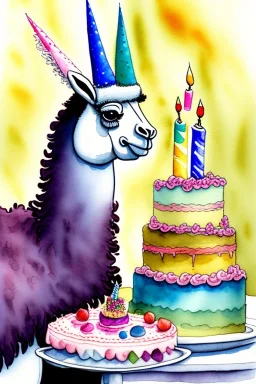 A llama having a birthday cake. Watercolour