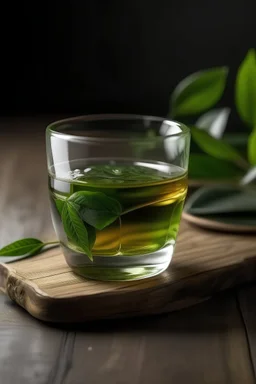 GREEN TEA LEAF AND GREEN TEA GLASS CUP IN WOODEN TABLE