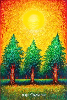 "Reality Transurfing" is an art work whose background is a Post-Impressionistic sun shining in a sky inspired by Kandinsky over a line of tall trees whose trunks are is inspired by Klimt. Their leaves are post-impressionistic in many dappled shades of green. The foreground shows a prompt of "I am pure magic" in a combination of Modernism and Dada