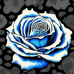 A detailed high quality surreal painting of a delicate, shimmering single blue animorphic rose that had a small pretty face in its petals, pouting, background is a blurred black and white hypnotic pattern, very mod, 1960s inspired art, psychedelic, highly detailed conceptual art, mixed media collage, dark fantastical atmosphere, fine lines, dali-esc, beautiful and natural, strange art, optical illusion