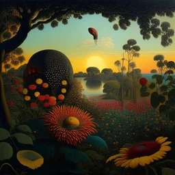 High definition photography of a marvelous landscape, birdman, trees, flowers, giant sun, intricate, Audubon, atmosphere of a Max Ernst painting, Henri Rousseau, thoughtful, interesting, appalling, smooth