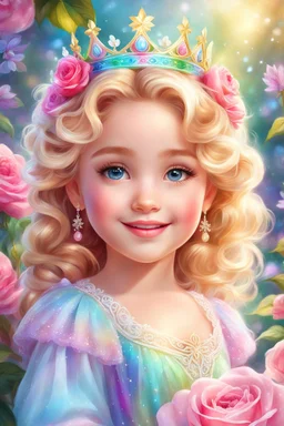 Adorable digital painting of a beautiful little girl in a gorgeous rainbow princess dress, portrait of Elsa, sparkling crown, front view, beautiful smile, shiny golden curly hair, angel eyes, beautiful face, rosy cheeks, pink lips, Elsa face, digital art, surrounded by paradise garden and roses in the background, romantic style, pastel world, high quality, 4k