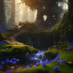 Fantasy concept art, dynamic lighting, Intricately detailed, Splash screen art, deep color, Unreal Engine, volumetric lighting, blue flowers, moss, leather, creek, pond, fantasy forest artwork,