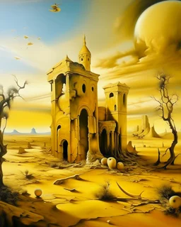 Golden yellow ancient ruins in daylight painted by Salvador Dali