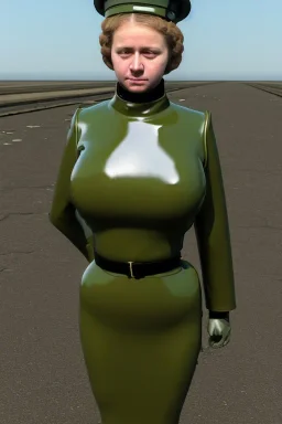 Russian military girl. Caput, whole head and brains are heavily armed with old-fashioned cameras. Army green surfaces body, latex. Perfect body, thick thighs and calves. simple face. Wide hip, skirt bleats nicely. Partly symmetrical. Straitjacket. Rusty and decayed background. Steam-plunge air-bottles. Euclidean 3D-tiling walls. 5th dimensional surface structures. Oppressive atmosphere