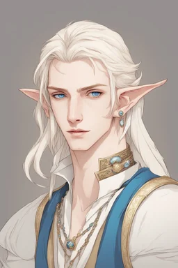 a wealthy half-elf young man with pointy ears and blue eyes, wears lots of jewelry, pale skin, soft face