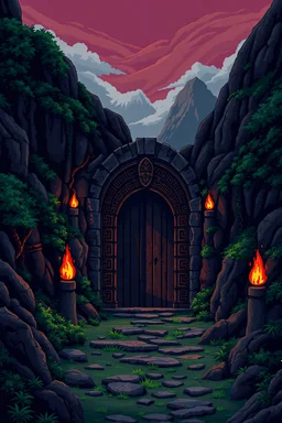 ancient door in lush dark mountain with no sky and broken fire brazers and stone statues in pixel art