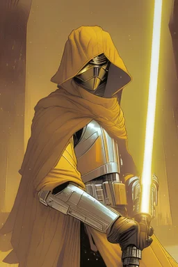 A Jedi in brown armor, yellow lightsaber, graphic novel