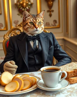 photography a cat wearing suit man victorian on luxurious breakfast foods,turkey slices,potatoes slices,coffe cup,bread in royal castel