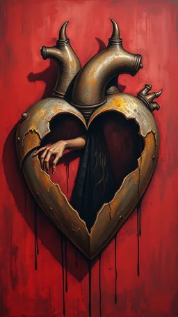Bosch style painting , A shadow of a spirit inside a rusty metallic open heart in details on red bloody background