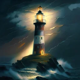 painting of a lighthouse on a stormy night at dusk with just a hint of sunlight and the lighthouse casting a ray of light