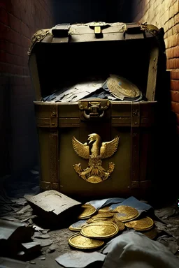 in a LARGE BASEMENT, half-buried in the earth, an ancient, worn-out, worn-out, torn-side valise peeks out, from which gold coins from the time of Catherine the Great fall out. The ancient coat of arms of Russia, the double-headed eagle, is BARELY VISIBLE on the bag. There are a lot of broken bricks and earth around the bag. All in high quality 8K