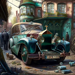 Masterpiece, a old retro rolls royce parks in a ghetto and is surrounded by the poor curious people, high quality, highres, detail enhancement, by Beatrix Potter, Baptiste Monge, Kevin Sloan, Modifiers: highly detailed digital painting elegant extremely detailed fantasy intricate 8k photorealistic very attractive high detail award winning imperial colors fantastic view hyperrealistic ultra detailed 4K 3D high definition crisp quality Unreal Engine colourful hdr very cute matte background Ultra