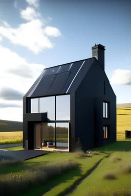 eco-friendly black modern one floor house in rural Scotland with sunny weather