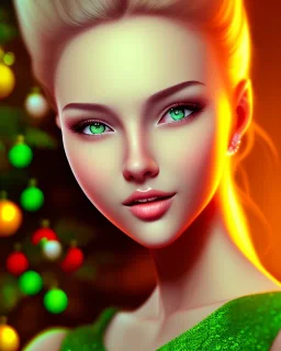 girl in green dress, close up portrait, Christmas, smiling, cute, beautiful