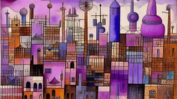 A violet cybernetic city with instruments painted by Paul Klee