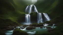The image showcases a mesmerizing view of a massive waterfall cascading from the top of a mountain hill, with the waterfall soaring to a great height and flowing forcefully into the valley amid lush green trees and vegetation. The image reflects the beauty and power of nature and its enchanting impact on the surrounding environment, inviting viewers to explore these magnificent natural landmarks around the world.