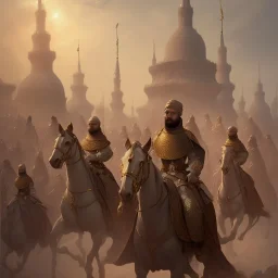 Islamic army from the Mamluk era, cinematic, 8k, resolution concept art portrait by Greg Rutkowski, Artgerm, WLOP, Alphonse Mucha dynamic lighting hyperdetailed intricately detailed