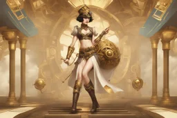 a slim, pale-skinned, slim Cleopatra, with a bob hairstyle, in a steampunk setting, gold boots, in a fighting stance