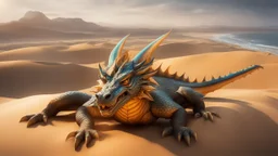 the coast of a desert seen from the top of a dune. a dragon sleeping on the beach. fantasy, cinematic lighting, hyper realisme, Hyperrealistic, splash art, concept art, mid shot, intricately detailed, color depth, dramatic, 2/3 face angle, side light, colorful background