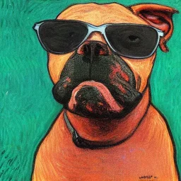 Portrait of a pitbull wearing sunglasses by Claude Monet