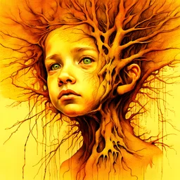 The Face of Childhood Trauma Taking Root, by Peju Alatise & carne griffiths & Zdzisław Beksiński, full head & neck depicted, clean, clear accurate facial features, symmetrical eyes,deftly depicted with incredible expressiveness & depth, visibly furrowed brow, distinct tree roots & branches Modifiers: sharp focus realistic elegant fantasy Zdzisław Beksiński no text insanely detailed Surrealism Tom Bagshaw Engraving accurate and proportional human anatomy reflective lighting symmetrical eyes Ver