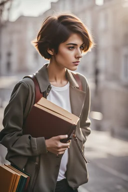 portrait pint of color photo of a student girl 22 years old ,short hair with her books in her hand walking in street,next to trees.close up