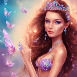  beautiful face princess fairy smiling with sparkle jewel bikini and butterflies in hair