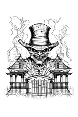 Outline art of a standing joker with joker hat horror theme image with horror elements a horrible house detailed clear visible image with white background