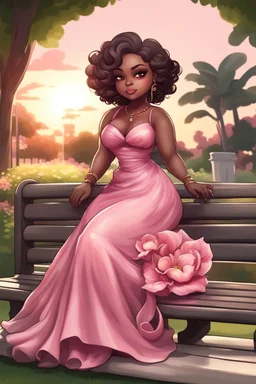 A curvy chibi cartoon black woman sitting on a park bench, facing the sunset. She has brown eyes accentuated by dramatic makeup. Her brown hair is done up in an elaborate curled twist. She sits slightly angled, wearing a flowing pink maxi dress with tropical flowers that seems to flutter in the gentle breeze.