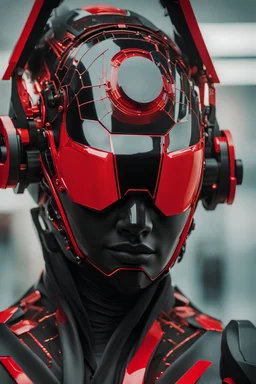 A (((black cyberpunk cyborg helmet))), human machine hybrid portrait, covered in red acrylic paint,, (((futuristic sci-fi art))), maya, (((art by Daniel Hahn ))), 3D digital portrait, bizarre, cgsociety,artstation, pinterest, industrialpost punk aesthetic glitch punk, grunge core, kinetic 3d sculpture art, futuristic, CGI, dark minimalism, visually captivating, conceptual,