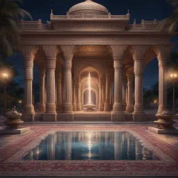 Hyper realistic detailed Outside historical indian palace with glass work on pillars with beautiful carpet & water fountain at night