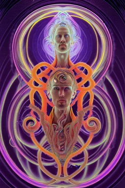 Spiritual being with Tentacles over human Head creating reality around, wrapping Spiral around Human, Psychedelic