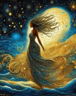 No corners drawing lines dots Kandinsky A full-body pretty African Asian moon goddess draped in flowing celestial fabric walks on water beneath a glowing full moon. Her gown unfurls like clouds, catching starlight and golden dust in the night air. The scene is surreal and divine, with painterly textures and a balance of shadow and illumination vertical Award winning imagery trompe l'oeil 3D surrealism masterpiece of Odilon Redon's dreamlike surrealism. kintsugi painting of abstract squares creat