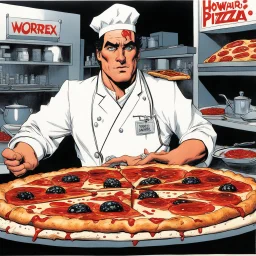 Original Art by Howard Chaykin (Vortex Comic, 1988): a pizza chef with scars who looks at the camera in a funny way as he presents a pizza, It is adorned with what appears to be bloody human fingers and eyeballs, carefully arranged in a macabre display.